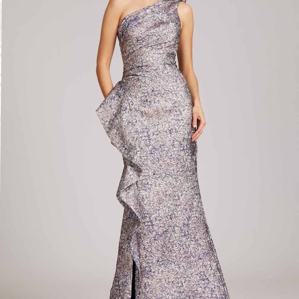 Jacquard One Shoulder Side Ruffle Gown Pink/Lilac